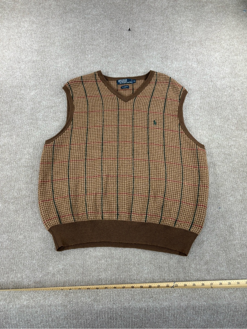 VTG Polo Ralph Lauren Lambs Wool Plaid Sweater Vest V Neck Mens Size XL